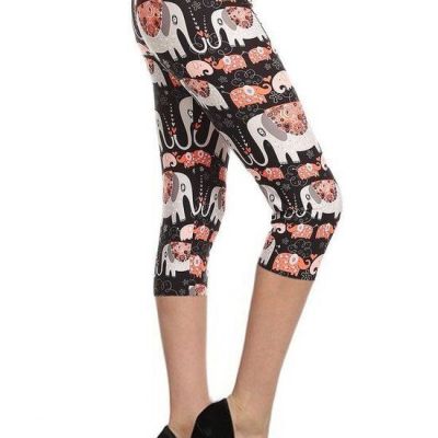 Elephants Printed, High Waisted Capri Leggings In A Fitted Style With An Elastic